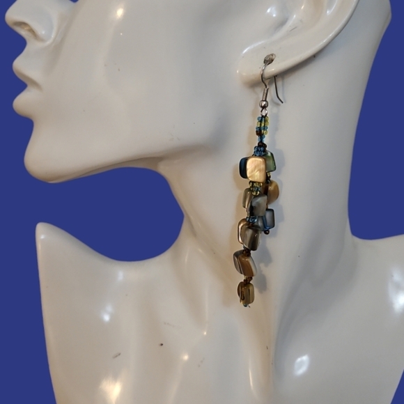 Vintage 1990s Abalone Seed Beaded Dangle Hook Boho Earrings - Picture 1 of 6
